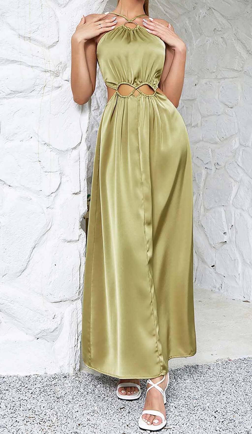 WAIST CUTOUT SATIN MAXI DRESS IN OLIVE DRESS STYLE OF CB 