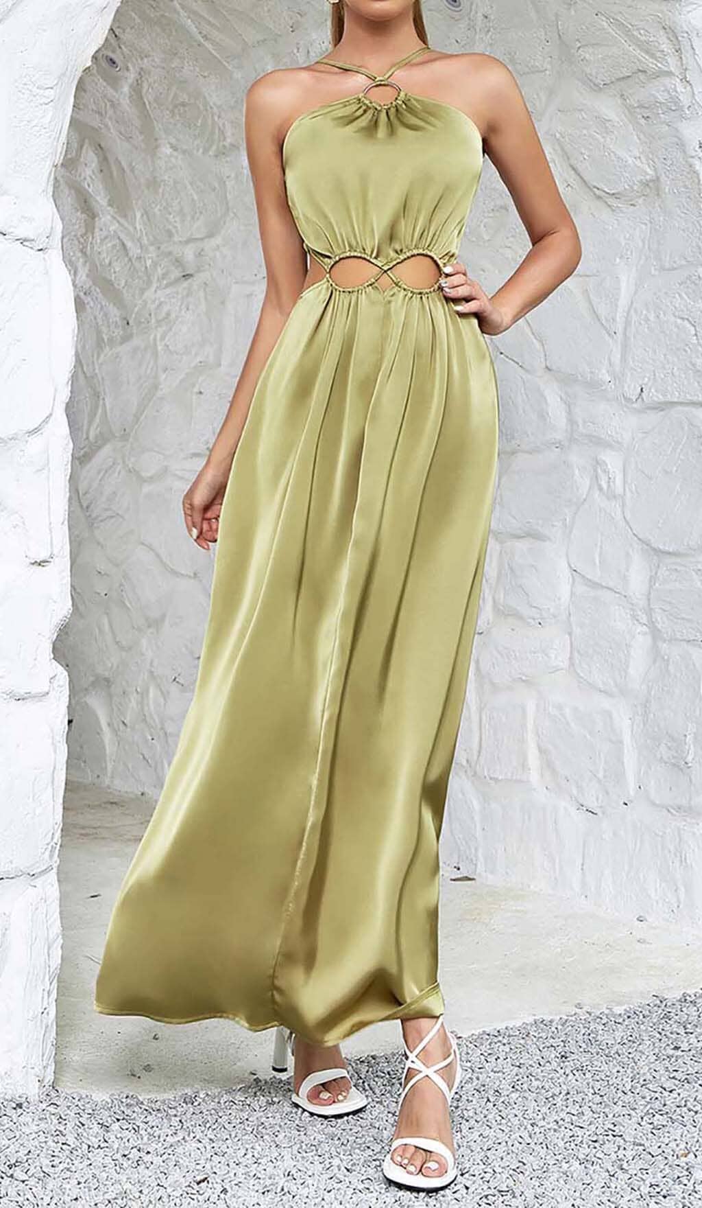 WAIST CUTOUT SATIN MAXI DRESS IN OLIVE DRESS STYLE OF CB 