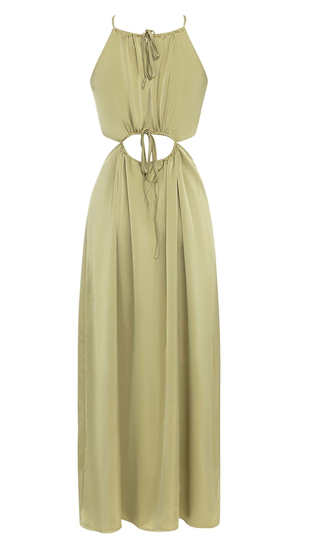 WAIST CUTOUT SATIN MAXI DRESS IN OLIVE DRESS STYLE OF CB 