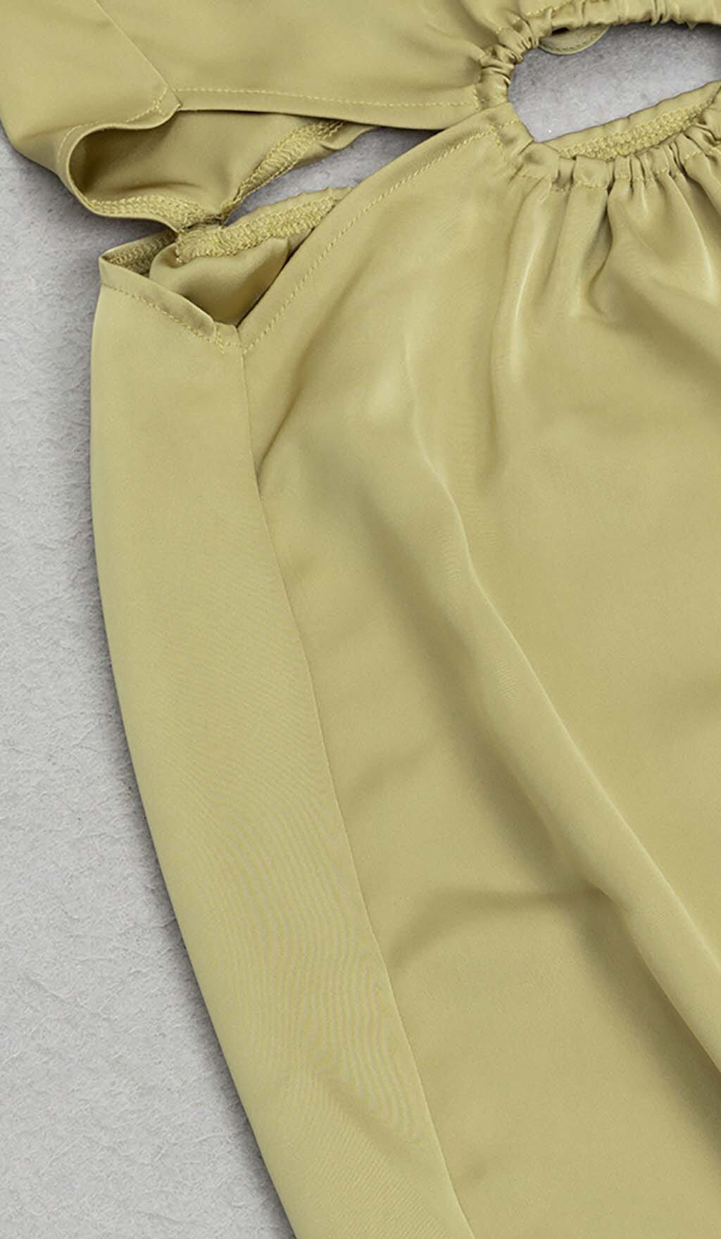 WAIST CUTOUT SATIN MAXI DRESS IN OLIVE DRESS STYLE OF CB 