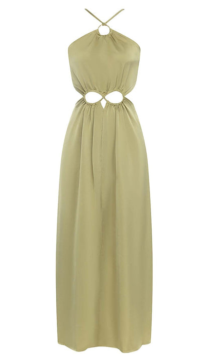 WAIST CUTOUT SATIN MAXI DRESS IN OLIVE DRESS STYLE OF CB 