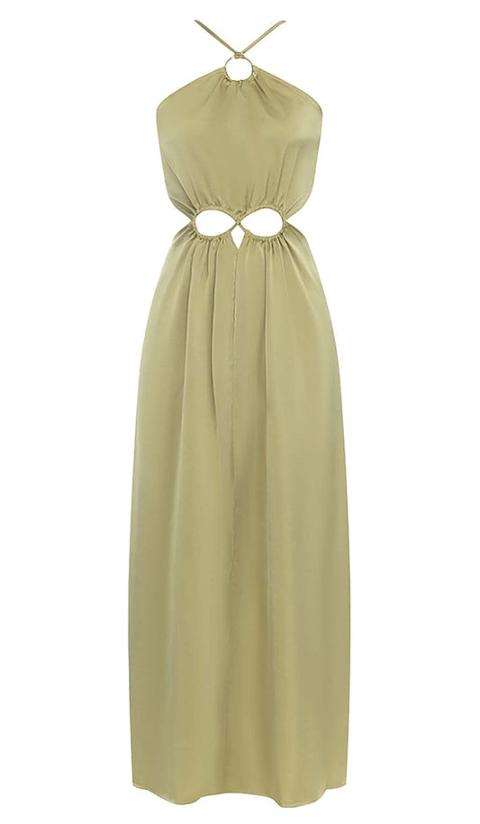 WAIST CUTOUT SATIN MAXI DRESS IN OLIVE DRESS STYLE OF CB 
