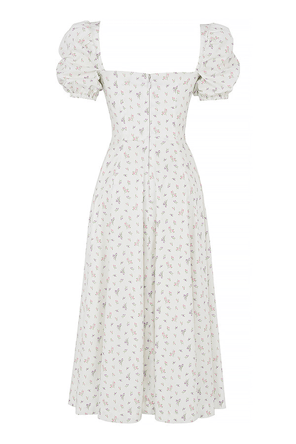 WHITE FLORAL PUFF SLEEVE MIDI DRESS