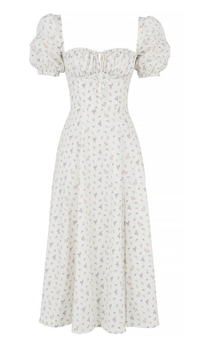 WHITE FLORAL PUFF SLEEVE MIDI DRESS
