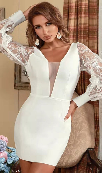 WHITE LEAKY BACK LACE STITCHING DRESS