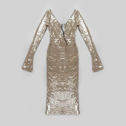 SEQUINED WITH LONG SLEEVES AND BACKLESS DRESS IN KHAKI styleofcb 