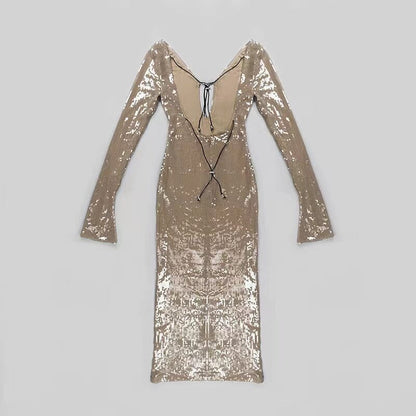 SEQUINED WITH LONG SLEEVES AND BACKLESS DRESS IN KHAKI styleofcb 