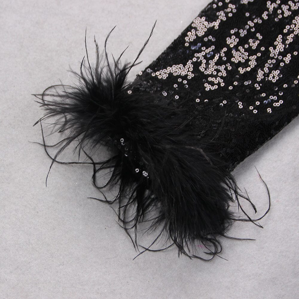 BLACK SEQUIN FEATHER TRIM BLAZER DRESS Dresses styleofcb 