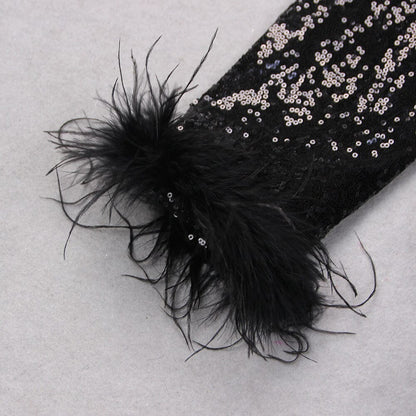 BLACK SEQUIN FEATHER TRIM BLAZER DRESS Dresses styleofcb 