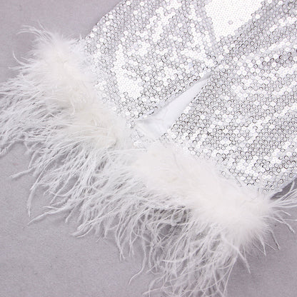 SEQUIN FEATHER MIDI DRESS IN WHITE styleofcb 