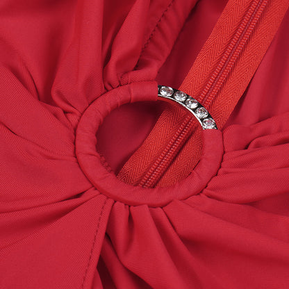 RED PLUNGE-NECK DRAPED GOWN