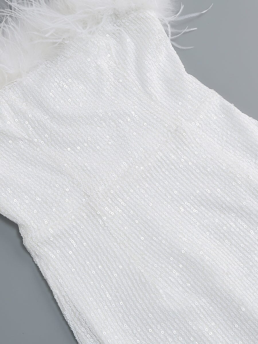 OSTRICH HAIR DECORATIVE BANDEAU MAXIC DRESS IN WHITE styleofcb 