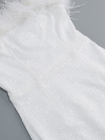 OSTRICH HAIR DECORATIVE BANDEAU MAXIC DRESS IN WHITE styleofcb 