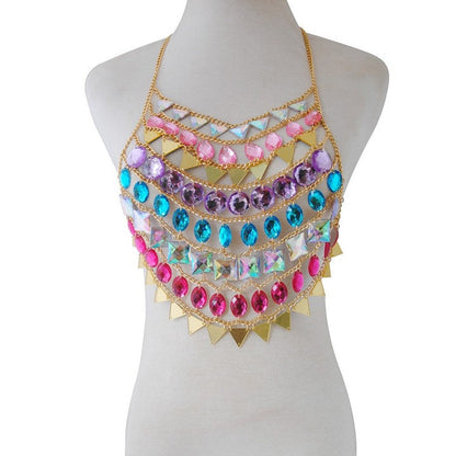 RAINBOW RHINESTONE BODY CHAIN TOP