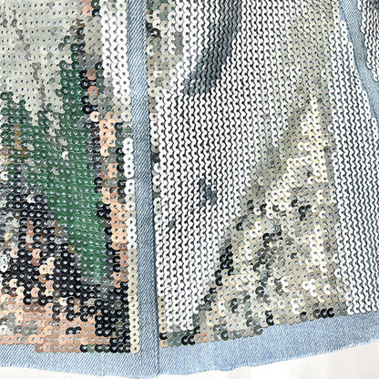 Metallic Sequin Embellished Sleeveless Denim Bustier Crop Top